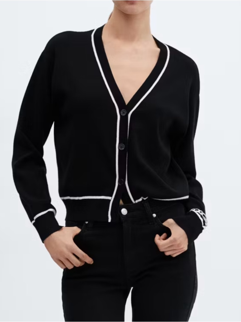 Mango Contrast Trim Cardigan in Black and Ecru